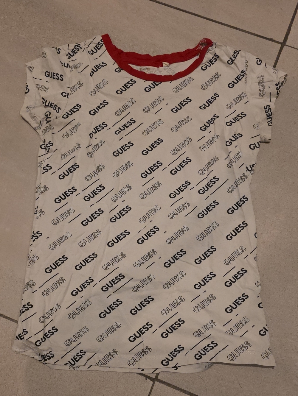 Guess White Short Sleeve All‑Over Logo Tee with Red Trim